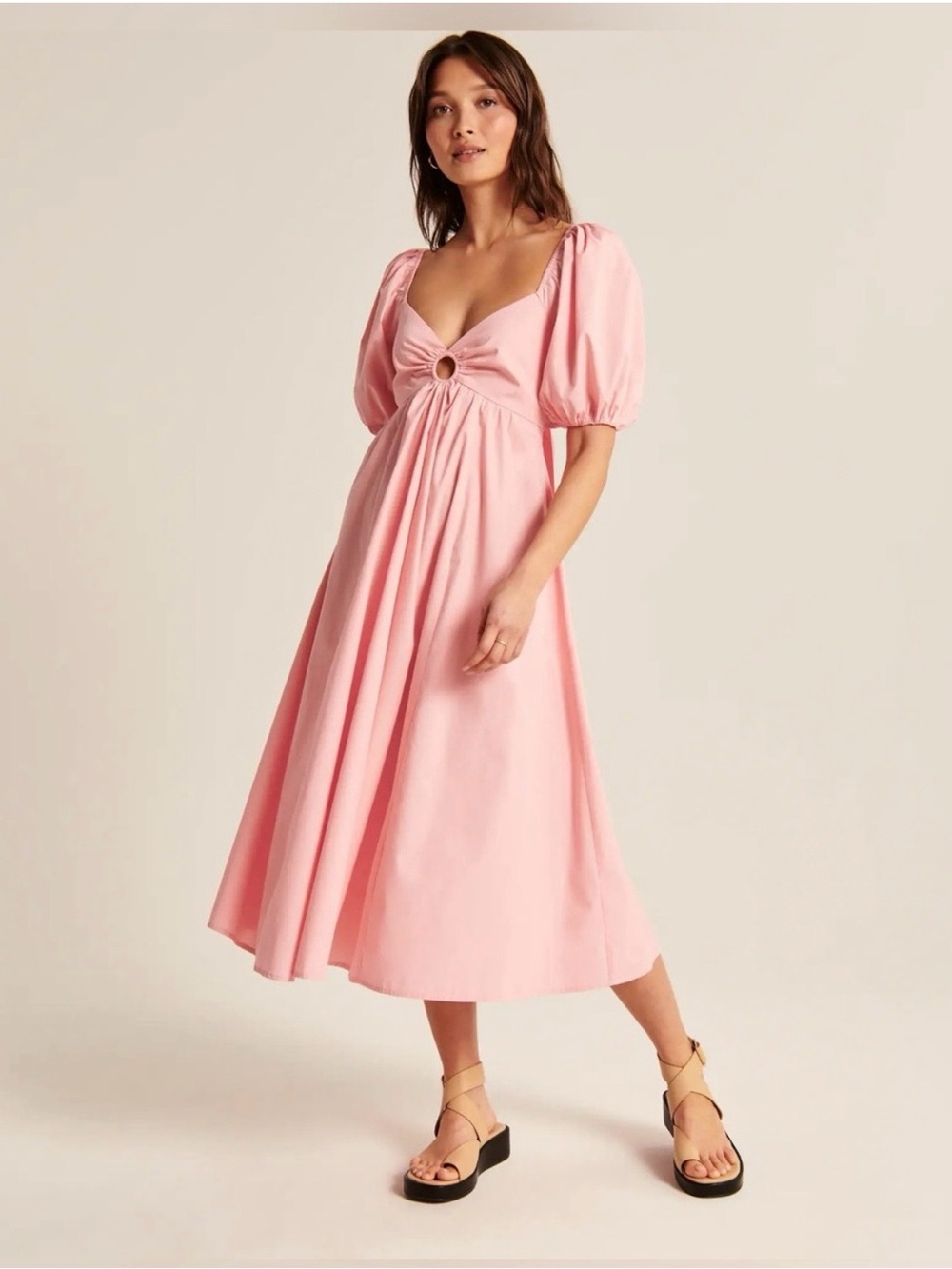 Abercrombie & Fitch Pink Puff-Sleeve Midi Dress with Ring Cutout